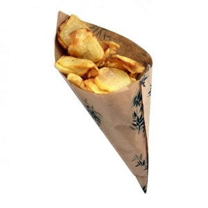 Small Kraft biodegradable greaseproof paper chip cones with green leaf design