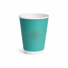 Load image into Gallery viewer, Custom branded double walled hot cup with blue background and a quality golden logo design. 
