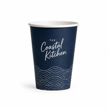 Load image into Gallery viewer, Single walled hot cup that can be custom branded on an express service, such as this cup which is navy and has a Coastal Kitchen logo and pattern printed on it. 
