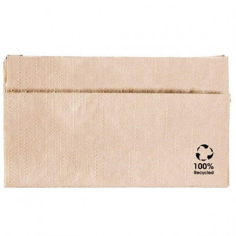 Recycled paper dispenser napkins with '100% Recycled' logo